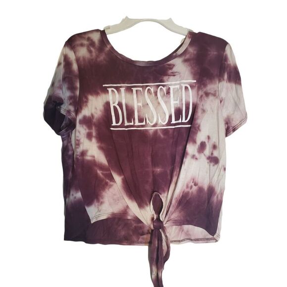 Rebel Sugar Tops - Rebel Sugar Burgundy Tye Die Cropped Tie Front "Blessed" Shirt.  Size L